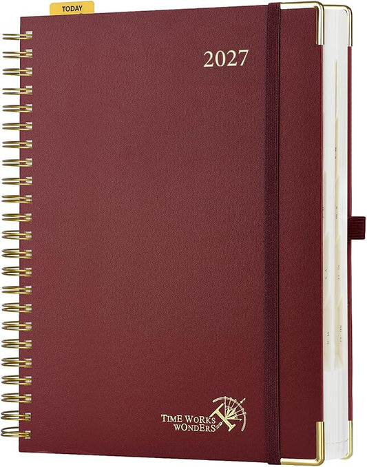 POPRUN 2027 Daily Planner One Page Per Day, Large 8.5" x 12", Calendar Book from Jan 2027 - Dec 2027, Hardcover Appointment Book with Hourly Time Slots, Spiral Bound, Monthly Tabs - Burgundy