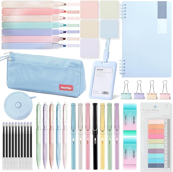 45PCS Morandi Color School Supplies Set with Notebook, Gel Ink Rollerball Pens, Pencil Cas, ID Badge Holder, fluorescent pens,Pencil, Erasers, Clip, tape measure, pen core
