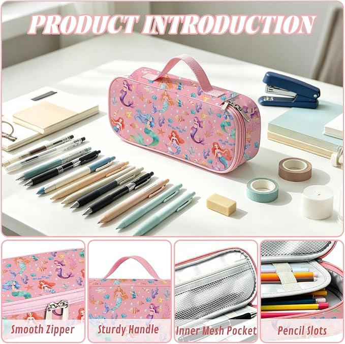 Mermaid Pencil Bag for Girls, Large Capacity Pink Kids Pencil Case with Zipper Compartments, Portable Pen Pouch Bag for Office School Travel