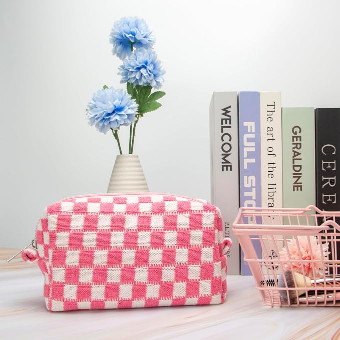 PAZIMIIK Checkered Makeup Bag for Purse, Small Travel Cosmetic Pouch,Pink | Cute Zipper Makeup Organizer for Women, Travel Essentials, Toiletries, Makeup Brushes, Beauty Accessories&Bridesmaid Gifts