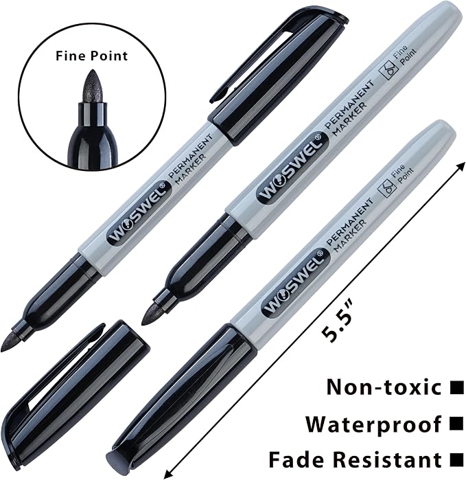 WOSWEL Permanent Markers Bulk, 100 Pack Fine Point Tip Black Permanent Marker Set, Waterproof Markers, Premium Smear Proof Pens, Quick Drying, Office Supplies for School, Office, Home