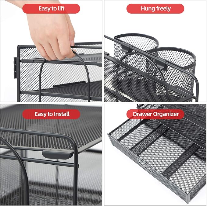 Marbrasse Desk Organizer and Accessories, 4-Tier Paper File Letter Tray Accessories & Workspace Desk Organizers with Drawer and 2 Pen Holders for School Home Office Supplies (Black)