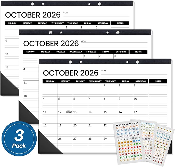 SUNEE Desk Calendar 2026-2027 3 Packs - 18 Month Calendar Oct 2026 - Mar 2028, 17" x 12" Desktop Calendar with Notes, for Planning, Organizing in Family, School or Office - Black 2026-2027 Calendar