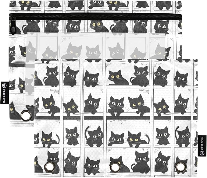 Binder Pencil Pouches, Set Of Cats Pencil Case with Clear Window 3 Rings Cosmetic Bags Office Supplies 2 Pack