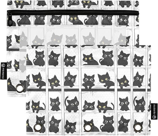 Binder Pencil Pouches, Set Of Cats Pencil Case with Clear Window 3 Rings Cosmetic Bags Office Supplies 2 Pack