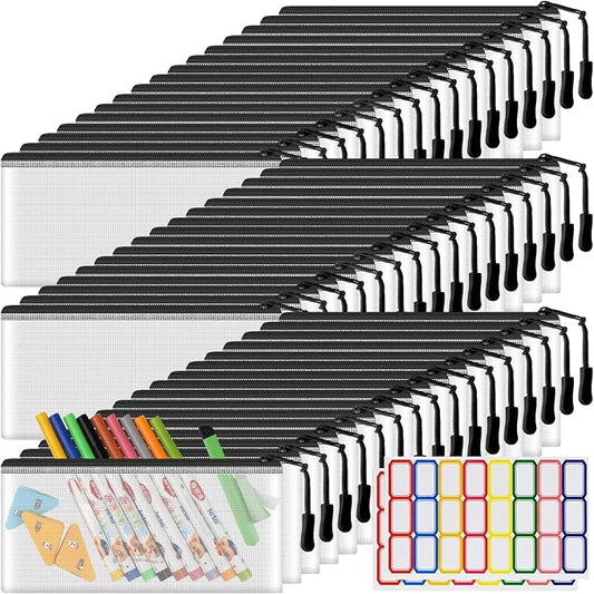 YOPCDJ 48 Pack Black Mesh Zipper Pouch Bags, Small Clear Pencil Pouches, 9.2 x 4.7 in, for Travel Storage, Office, Arts & Crafts
