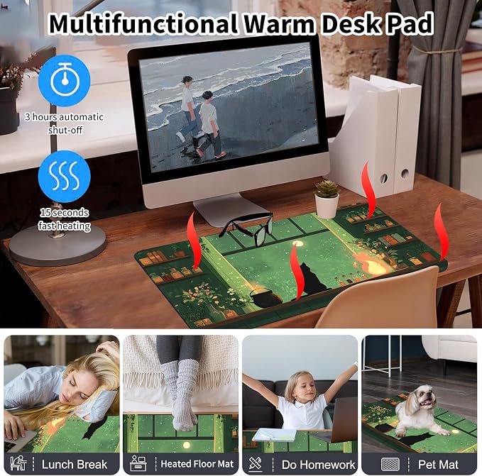 Heated Desk Pad Mouse Pad,Heated Desk Mat,with 3 Heating Levels & 3 Hours Auto Shut-Off,Leather 23.6"*14.2" Gaming Mouse Laptop Mat,Foot Warmer,Cat Green Window