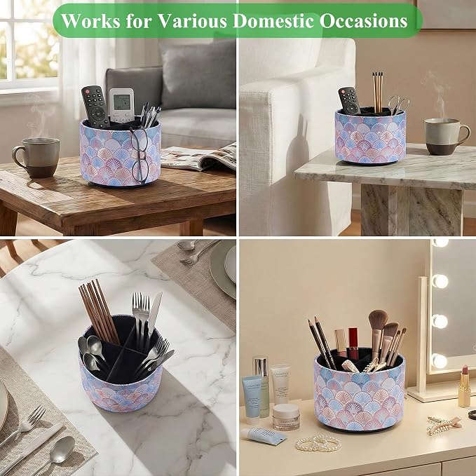 Round Leather Art Supply Organizer,Remote Control Holder,360-degree Rotating Pen Organizer with 4 Compartments(1-Peacock Pink)