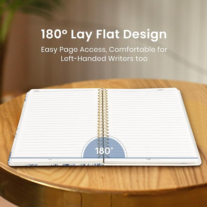 Taja Spiral Lined Journal for Women, Notebook for Work with Pretty Cover, 140 College Ruled Pages, Hardcover Notebook for Journaling, Note Taking, Bible Study, Blue Elegance