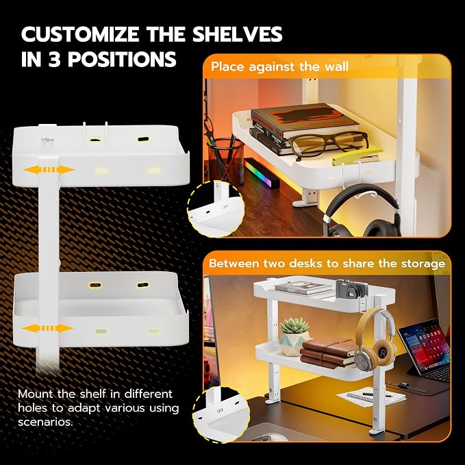 ARES WING 2-Tier 16 inch Clamp On Desk Shelf, Above or Under Desk Storage | Adjustable Desktop Organizer Shlef Holds 66 lbs Heavy Duty, with Headphone Holder for Working and Gaming Accessories, White