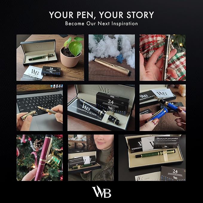 Wordsworth & Black Primori Luxury Fountain Pen Set for Writing, Medium Nib | Black Gold, Gift for Men Women, Metal Body, 18K German Iridium, Calligraphy, Converter + 24 Ink Cartridges, Refillable