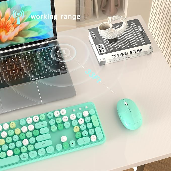 MPTOG Colorful Wireless Computer Keyboard and Mouse Combo (Green-Colorful) | Retro Round Typewriter Keycaps, Power Switch, Ergonomic Design, 2.4GHz Wireless for Windows, Mac, PC