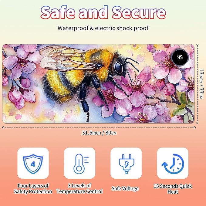 Heated Desk Pad Large Mouse Pad 31.5 x 13 inch with 3 Levels Heating & Auto Shut-Off Warm Mouse pad PU Leather Computer Mousepad for Home Office Work - Cherry Blossom and Bee