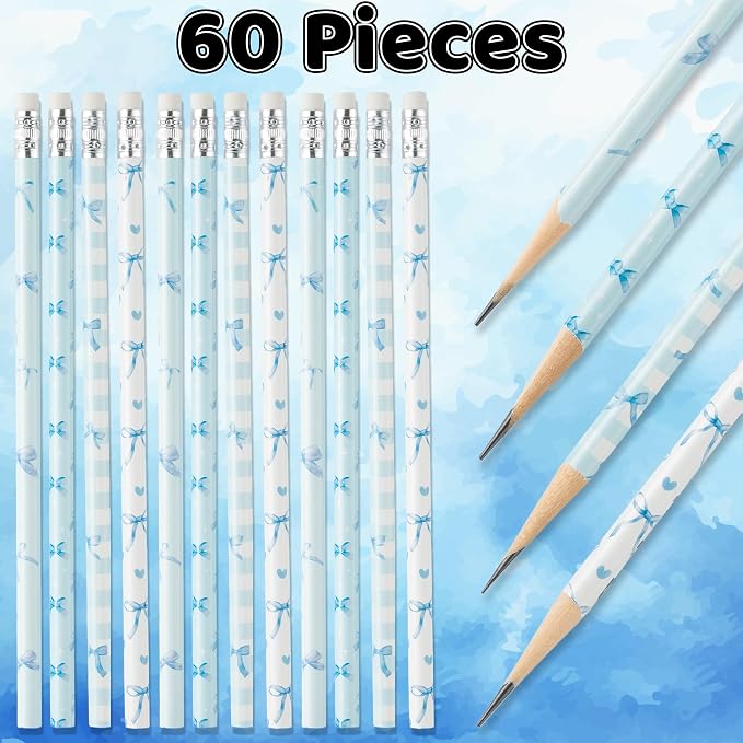 Xqumoi Coquette Blue Bow Pencils with Eraser - Preppy Bow #2 HB Pencils, Classroom Student Rewards, School Office Supply, Party Goodie Bag Fillers Stuffers, Baby Shower Party Favors