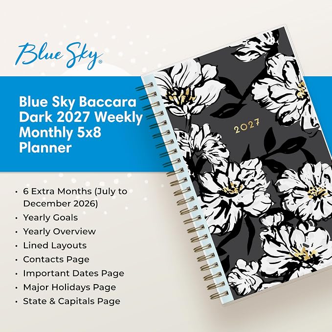 Blue Sky 2027 Weekly & Monthly Planner Calendar, 5"x8", Baccara Dark | January 2027 - December 2027, Clear Pocket Cover, Durable Twin Wire Binding, Laminated Tabs