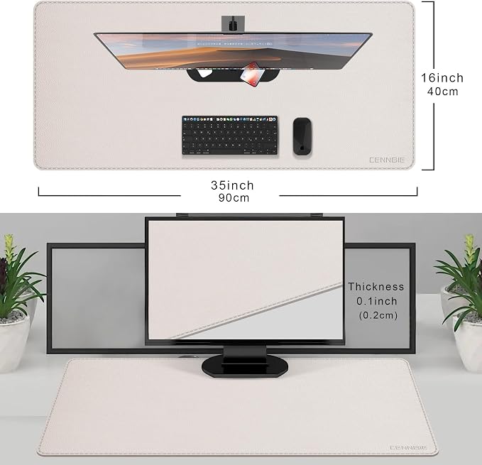 CENNBIE 35.5" x 16" Leather Desk Mat,Computer Mouse Pad for Office(Cream) | Premium stitched edges resist wear. Easy to clean. Protects desk from spills, stains ,scratches. Smooth glide. Office & home.