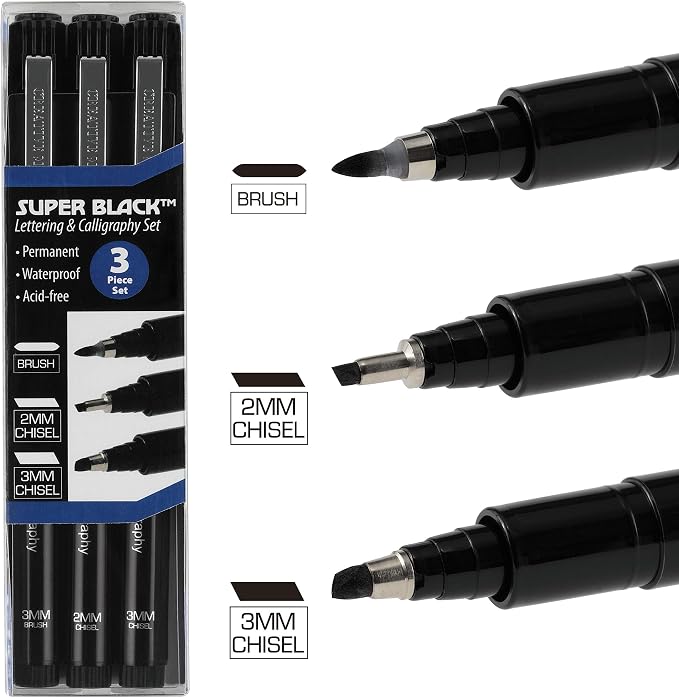 Creative Mark Calligraphy & Fineliner Pen Set of 3 Lettering & Calligraphy Drawing - Super Black, Permanent, Waterproof, & Acid-Free Chisel Nylon-Nibs Pens & Medium Brush Tip