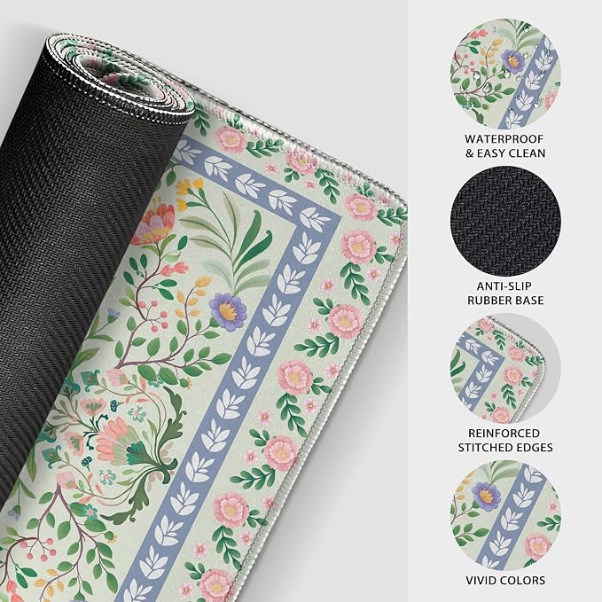 Green Floral Desk Mat, 31.5"x15.7" Large Mouse Pad, Anti-Slip Rubber Base Keyboard Pad with Stitched Edges, Water-Resistant Smooth Desk Blotter, Computer Mat for Home Office Desk