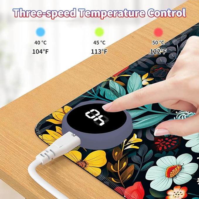Heated Desk Pad Large Mouse Pad 23.6 x 14.1 inch with 3 Levels Heating & Auto Shut-Off Warm Mouse pad PU Leather Computer Mousepad for Home Office Work - Colorful Flowers and Leaf
