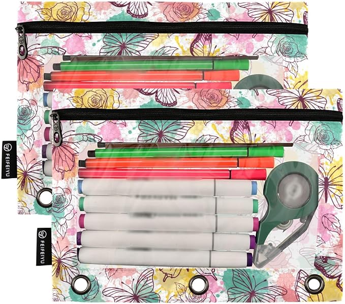 Butterfly Pencil Pouches for 3 Ring Binder 2 Pack | Binder Pencil Case With Zipper Reinforced GrommetsPencil Bags for Office Organizers
