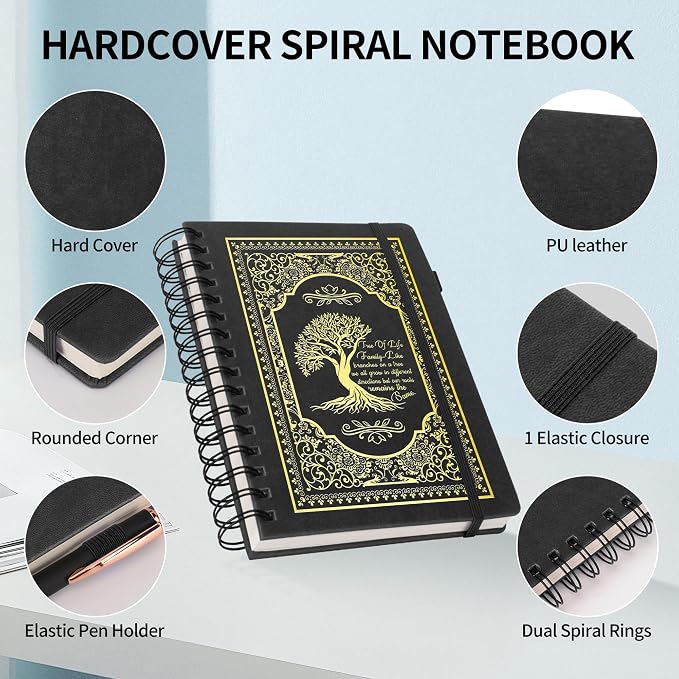 A5 Hardcover Spiral Notebook Tree of Life Journal Daily Journals for Writing Travel Notebooks Journal for Women Men 80GSM Paper Leather Spiral Journal,5.7"x8.3"(Spiral Tree -Black)