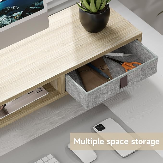 Fenge Dual Monitor Stand, 2-Tier Desk Organizer with Drawers, 42.5in, Oak | Monitor Riser with Storage, Ergonomic Height Adjustable Computer Stand, Desk Shelf for Top of Desk, Laptop, PC, TV