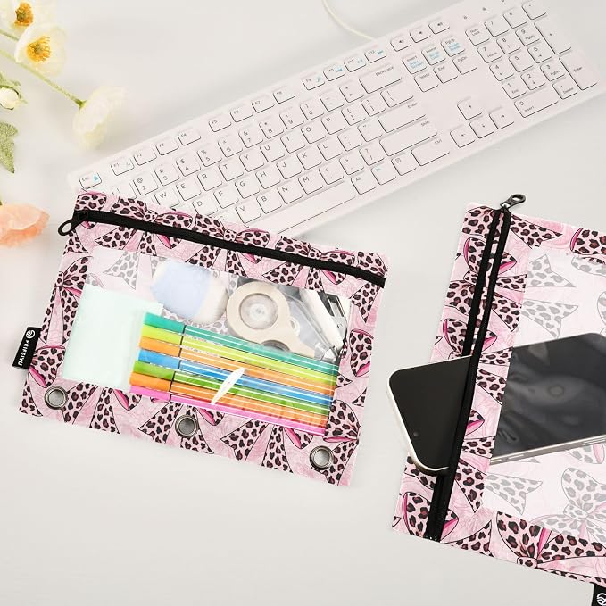 ALAZA Pencil Pouch for 3 Ring Binder, Leopard Print Bows Binder Pencil Pouches with Clear Window Zipper Pencil Case Cosmetic Bags for Office College Supplies, 2PCS