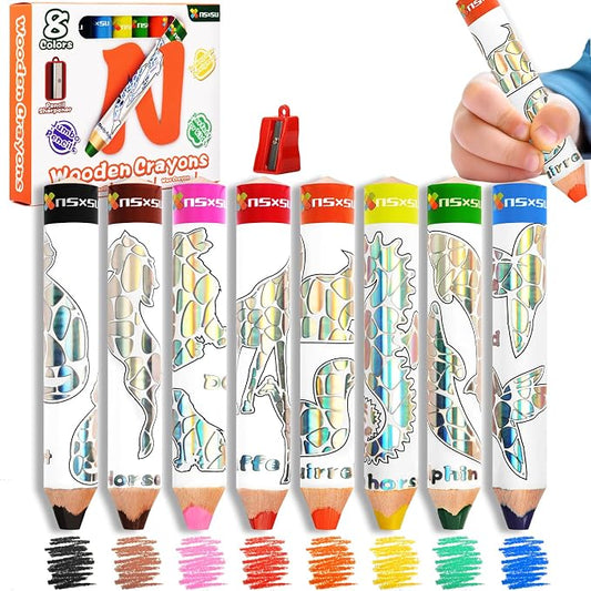 nsxsu Wooden 3 in 1 Jumbo Colored Pencils for Toddlers & Kids, Chunky Washable Crayons, Fat Triangular Coloring Pencil with Sharpener, Easter Basket Stuffers, Easy-Grip Birthday Party Favor
