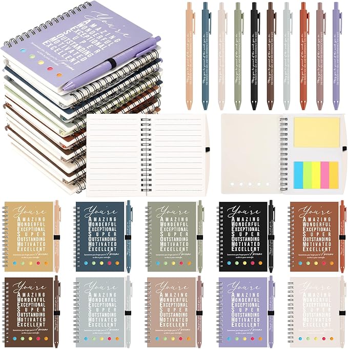 Jetec 100 Pcs/50 Sets Back to School Teacher Gifts Motivational Spiral Notebook with Sticky Notes Pen Bulk Inspirational Journals Thank You Gift for Employee Coworker Birthday Party (Morandi Earth)