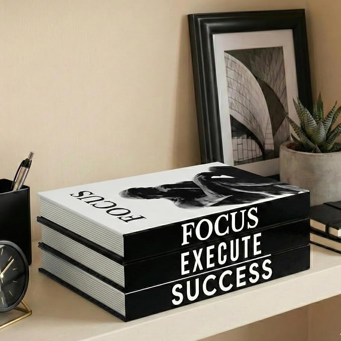 Motivational Decorative Books Set of 3 - Faux Books for Home Office Decor | Black white fake books for decoration with magnetic hidden storage box for office desk, coffee table, bookshelf, tv stand
