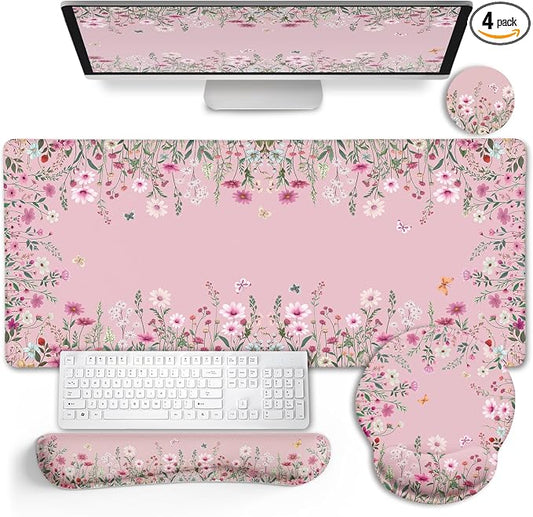 LIMKRIAN Floral Desk Mat Set, Cute Pink Desk Accessories Gifts for Women | Mouse Pad with Gel Wrist Rest, XXL Large Desk Pad, Ergonomic Keyboard Wrist Support, Stitched Edges, Cup Coaster, Desk Decor