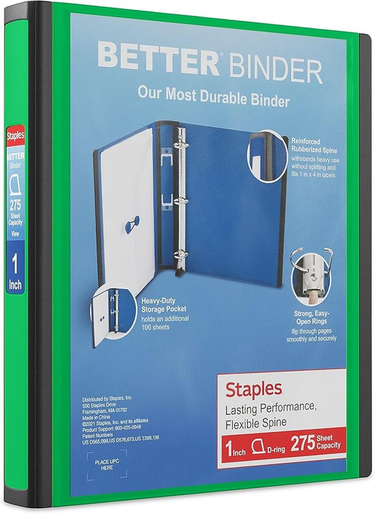 Staples Better Binder, 1" D‑Ring Heavy‑Duty 3‑Ring Binder, Green, Reinforced Spine, 275‑Sheet Capacity, Durable for School, Office & Reports, 3‑Pack