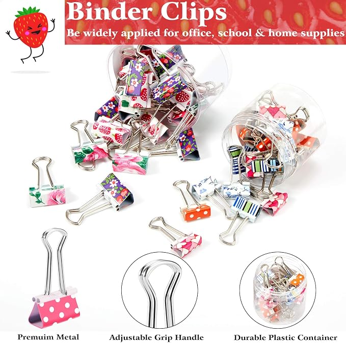 Outus 48 Pcs Colorful Binder Clips with Box, 2 Sizes, 0.75 in & 1 in | Decorative printing, small mini clips, paper notebook organizer, assorted designs, storage box included