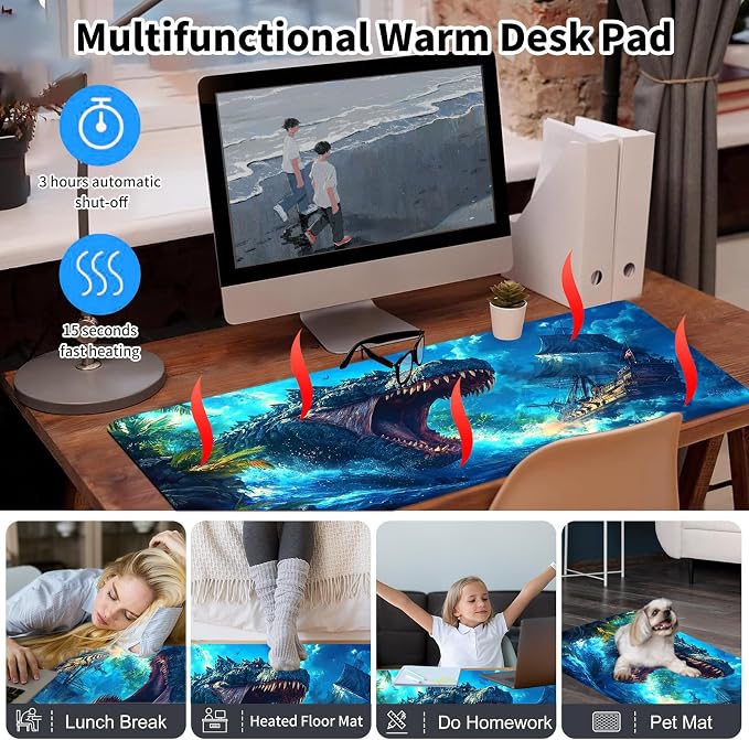 Warm Desk Pad,Heated Desk Pad,Office Mat,3 Heating Levels & 3 Hours Auto Shut-Off,31.5"*13" Gaming Mouse Laptop Keyboard Leather Desk Mat,Blue Dinosaur Ocean