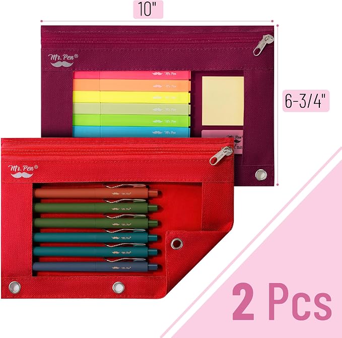 Mr. Pen- Pencil Pouch for 3 Ring Binder, 2 Pack, 10"x6.75", Smooth Zipper | Clear Window, Large Capacity Pencil Case with 3 Reinforced Grommets for School, Office, Supplies Storage | Clear Window, Large Capacity Pencil Case with 3 Reinforced Grommets f...