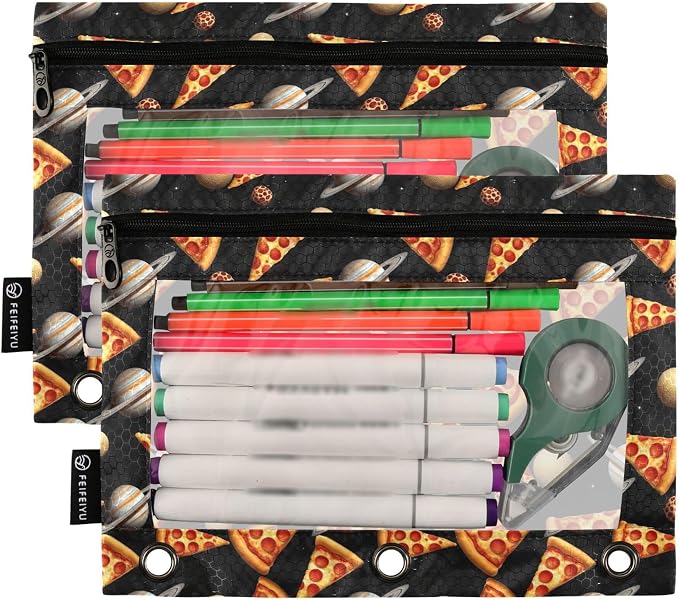 Pizza Mushroom Binder Pouches 3 Ring for Boys Girls School Office College Supplies Cute Doodle Pattern Black Pencil Pouches Case Bag with Clear Window and Zipper 2 Pack