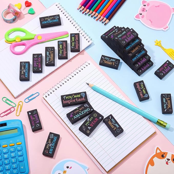 Resurhang 180 Pcs Erasers Bulk for Kids Inspirational Pencil Erasers Bulk for Drawing Motivational Big Eraser School Supplies for Classrooms Back to School Office (Inspirational,Black)