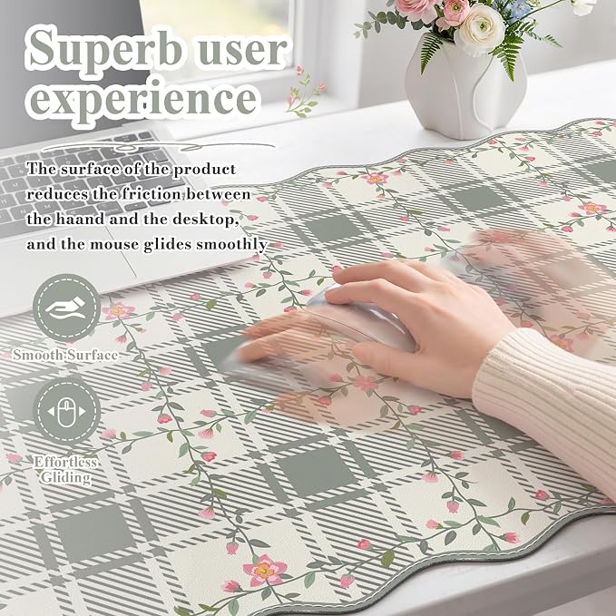 iCasso Leather Scalloped Checkered Desk Mat, XXL Flower Mouse Pad, Back to School Desk Matt for Desktop, Anti-Slip Big Cute Mousepad with Stitched Edges for Home Office Decor (Light Green)