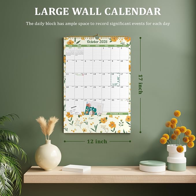 Ospelelf Wall Calendar 2026-2027 with Storage Pockets, 17" X 12" Monthly Large Planner Pad with Protective Cover and Stickers, for Family Fridge Office Teacher Student, Use July 2026 to December 2027 Ditsy Floral
