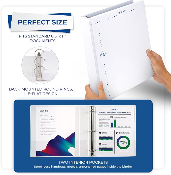 Samsill 2 Inch 3 Ring Binders, Economy Round Ring, Clear View Cover, 425 Sheet Capacity - for School, Home, Office - White, 6 Pack