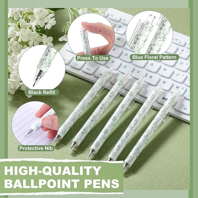 Engrowtic 24 Set Sage Green and White Floral Mini Notebooks and Ballpoint Pens Chinoiserie Vintage Pocket Notepads Gel Pens Small Journals for Bridal Wedding Baby Shower