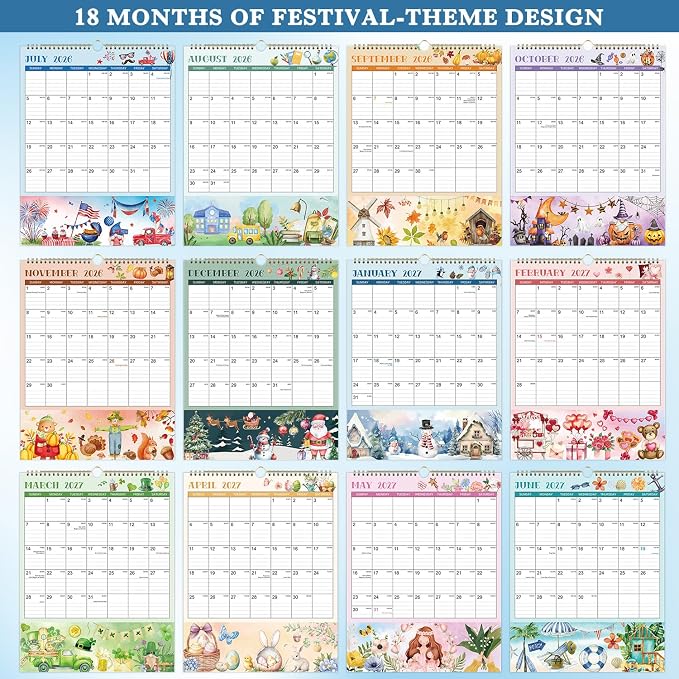 2026-2027 Wall Calendar - 11.4" x 14.5", 18 Months from Jul. 2026 - Dec. 2027, 2026-2027 Wall Calendar with Pockets for Home & Office, Vertical Calendar with Hanging Loop