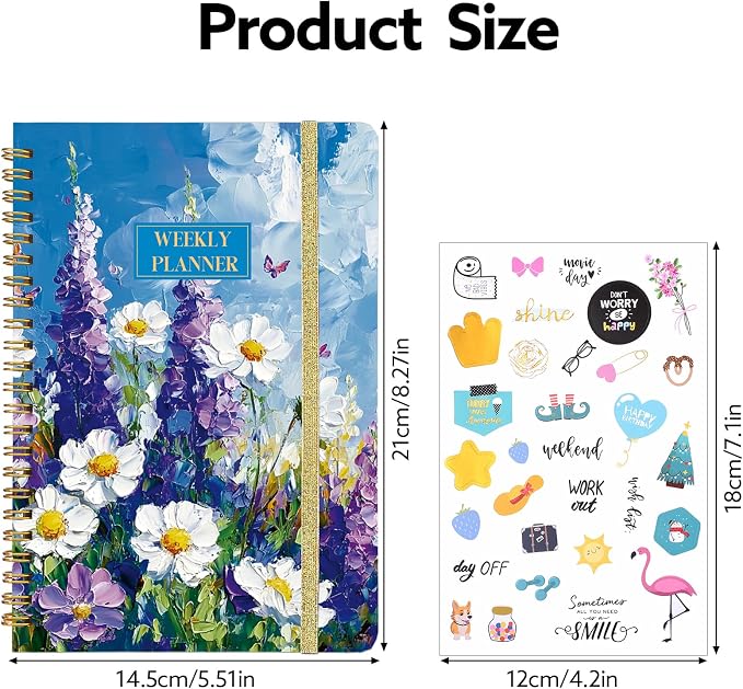 Undated Weekly Planner, A5 Weekly To Do List Notebook with Habit Tracker Spiral Binding Weekly Planner Notebook with Stickers Home Work School Supplies, Purple Flower