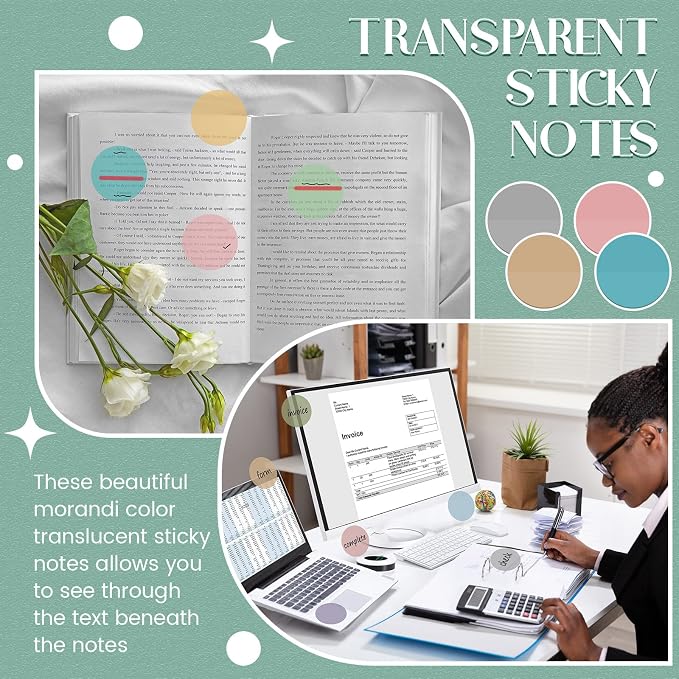 Sabary 500 Sheets Transparent Sticky Notes Round Translucent Sticky Notes Tabs Colorful Page Flags Stickers Clear Book Markers Bible Journaling Office Back to School Supplies(1.75 Inch,Classic)