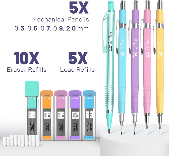 Mr. Pen- Pastel Mechanical Pencil Set, 5 Mechanical Pencils (0.3, 0.5, 0.7 | 0.9, 2.0mm), 5 HB Lead Refills & 10 Eraser Refills, Precision Drawing Pencils for Sketching, Writing & Artwork