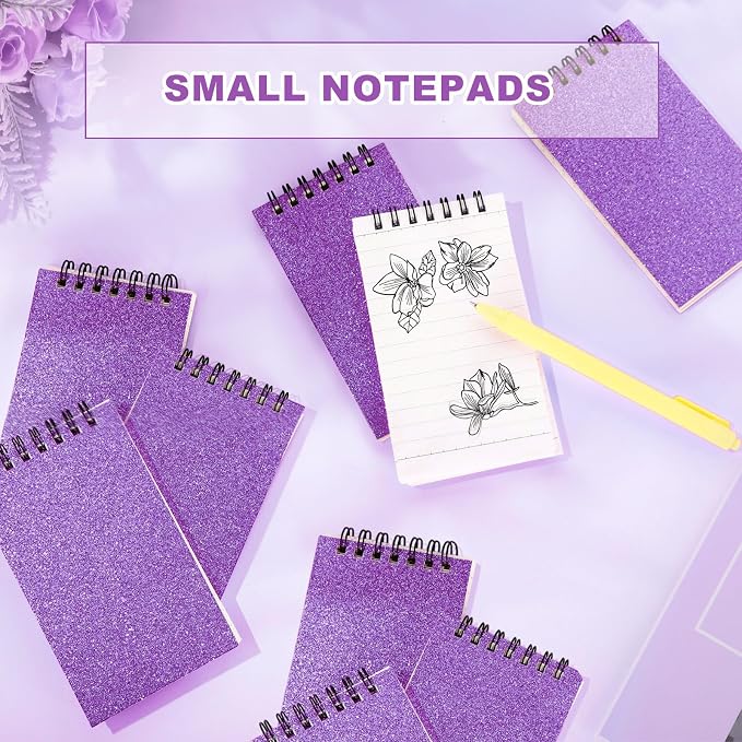 Tenceur 6 Pcs Pocket Notebook Small 3x5 Inch Glitter Purple Top Spiral Notepads Bound Notebook with Lined 120 Pages Mini Memo Pads for Office College Nurse Essentials Back to School Gift