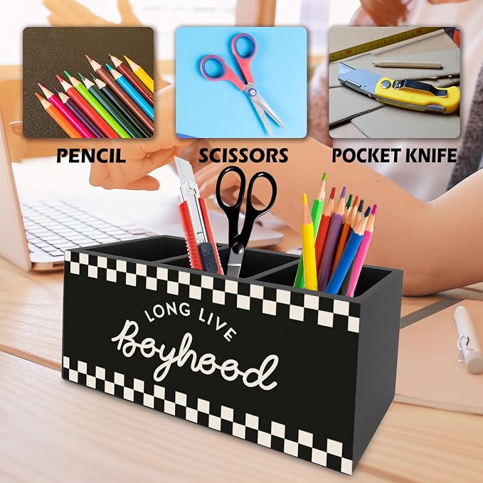 Boy Nursery Decor Pen Pencil Holder Organizer for Desk, Long Live Boyhood Black Checkered Wooden Box Signs Decorations for Kids Toddler Boys Room Bedroom Desk Tabletop, Boys Room Decor
