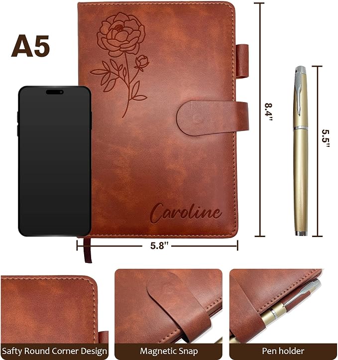 Personalized Leather Journal with Gifts Box & Pen, Birthday Gifts for Women | Custom Notebooks Diary with Engraved Birth Flower Name, Christmas Office Gift for Bridesmaid Students Teacher Mom Friend