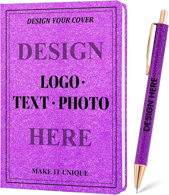 Custom Notebook and Pen Set - Personalized Cover with Logo/Text/Photo, Glitter Design & Rose Gold Accents, Customizable Journal with Matching Pen for Gifts/Office/School, Make It Unique, RoseRed