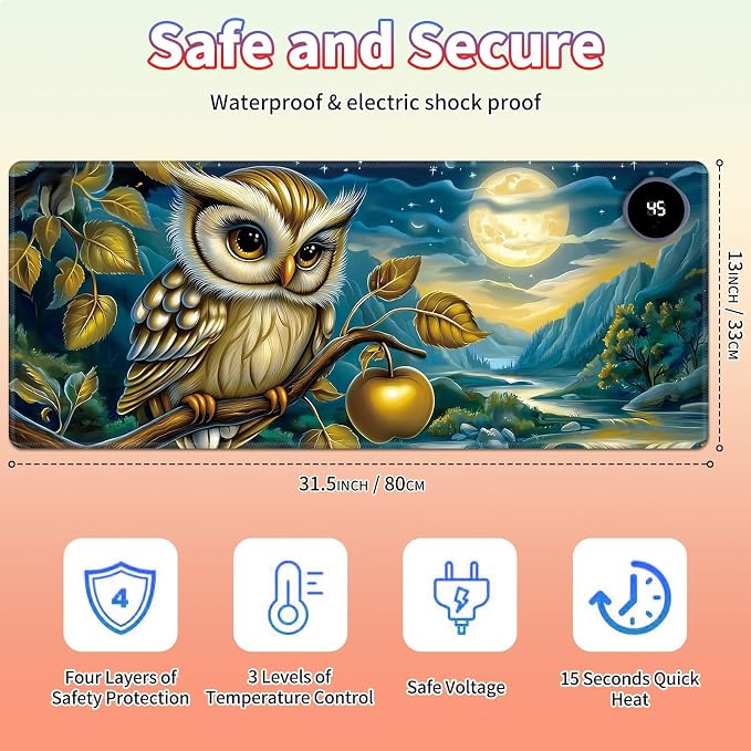 Heated Desk Pad Large Mouse Pad 31.5 x 13 inch with 3 Levels Heating & Auto Shut-Off Warm Mouse pad PU Leather Computer Mousepad for Home Office Work - Owl Moon
